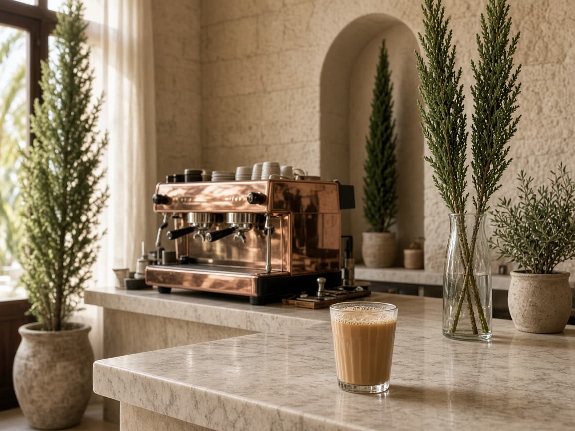 Limestone café counter with karak tea and a copper espresso machine